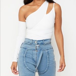 One Sleeve Ribbed White Bodysuit